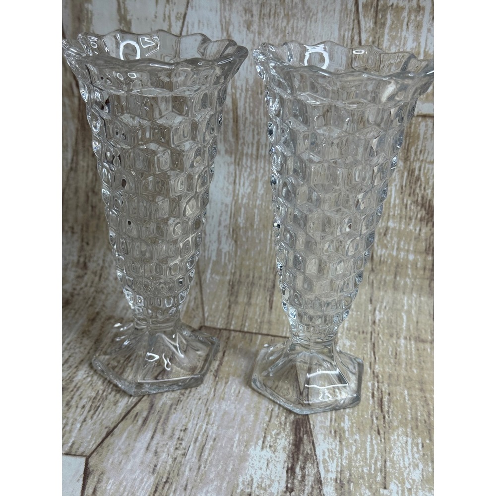 2 Vintage Fostoria American Clear Glass Bud Vases Hexagon Base 6" - Picture 3 of 6